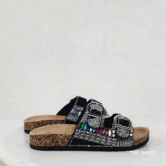 Zany Double Buckle Strap Rhinestone Beaded Slip on Mule Sandals - Picture 3 of 11